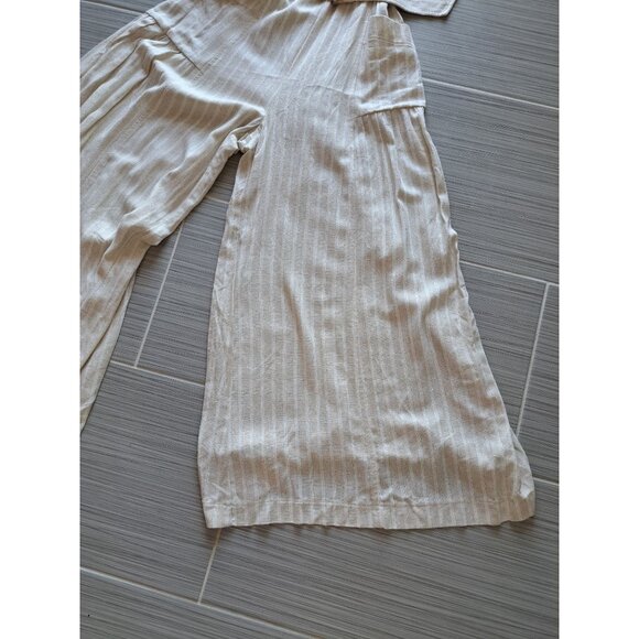 Maison Tara Beige Wide Leg Linen Bld Jumpsuit Belt Size 8 Sleeveless Striped - Picture 4 of 12